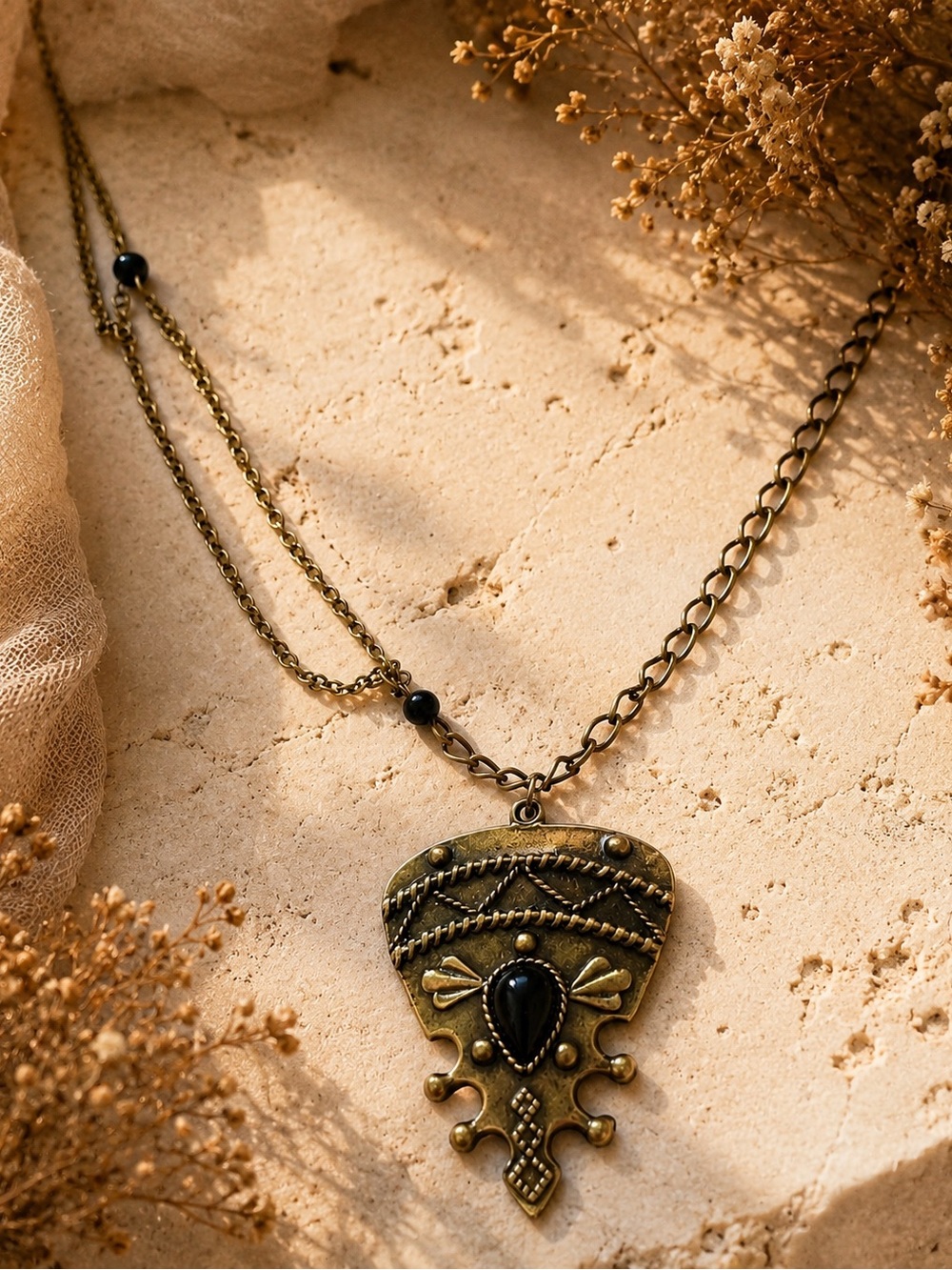 Asymmetrical Boho Tribal Necklace, Antique Bronze Statement Pendant